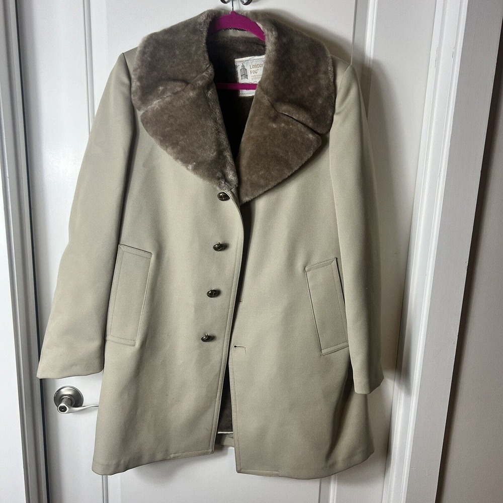 London Fog Vtg Coat Plush Faux Fur Lined Collar Tan Single Breast Men's 38 Reg